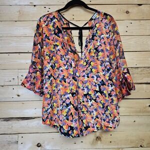 Chris Benz 100% Silk Floral V-Neck Blouse Bell Sleeve Tie Back Multicolor Size 8